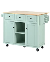 Simplie Fun Kitchen Cart with Rubber wood Drop-Leaf Countertop, Cabinet door internal storage racks, Kitchen Island on 5 Wheels with Storage Cabinet a