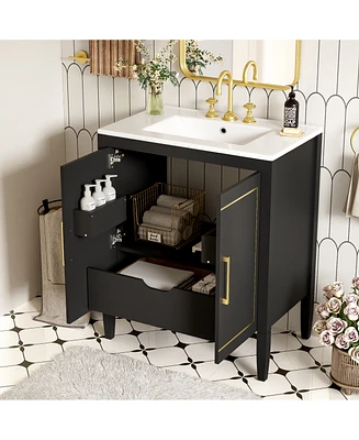 Simplie Fun 30-inch bathroom vanity with ceramic basin, soft close door, built-in hidden drawer
