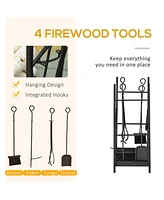 Firewood Rack with Fireplace Tools, Indoor Outdoor Firewood Holder, Flat Bottom with 2 Tiers for Fireplace, Wood Stove, Hearth or Fire Pit, Black