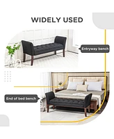End of Bed Bench with Button Tufted Design, Upholstered Bedroom Entryway Bench with Arms and Solid Wood Legs for Bedroom, Black