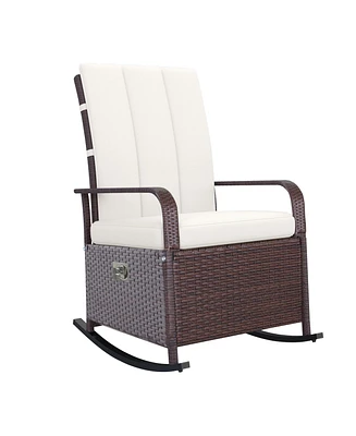 Simplie Fun Wicker Outdoor Rocking Chair, Patio Recliner with Adjustment Backrest, Pe Rattan Lounge Chair with Adjustable Footrest and Cushions for Ga