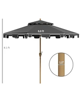 9' Patio Umbrella with Push Button Tilt and Crank, Double Top Ruffled Outdoor Market Table Umbrella with 8 Ribs, for Garden, Deck, Pool, Dark Gray