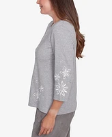 Alfred Dunner Petite Copenhagen Diagonal Flower Embroidered Crew Neck Top