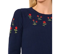 CeCe Women's Cotton Embroidered Crewneck Sweater