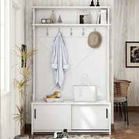 Hall Tree with Top Shelf and Storage Bench, Hallway Shoe Cabinet with Sliding Doors, Coat Rack with 5 Hanging Hooks for Entryways Hallways, White