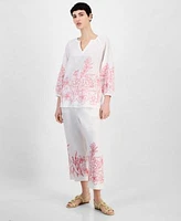 Charter Club Womens Embroidered 100 Linen 3 4 Sleeve Top Embroidered 100 Linen Cropped Pants Exclusively At Macys