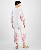 Charter Club Womens Embroidered 100 Linen 3 4 Sleeve Top Embroidered 100 Linen Cropped Pants Exclusively At Macys