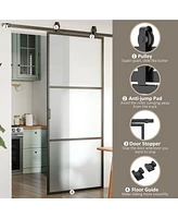 36" x 84" Sliding Door with Hardware Kit, Handle, & Track, Industrial Frosted Tempered Glass Door with Carbon Steel, Easy Installation