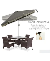 9ft Patio Umbrella with Push Button Tilt and Crank, Ruffled Outdoor Market Table Umbrella with Tassles and 8 Ribs, for Garden, Deck, Pool, Dark Gray