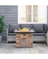 32 Inch Outdoor Propane Gas Fire Pit Table, 50,000 Btu Auto-Ignition Square Faux Ledge Stone Gas Firepit with Lava Rocks and Rain Cover, Csa Certifica