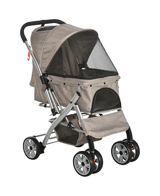 Dog Stroller for Small Dogs Cats, 4 Wheels One-Click Fold Pet Stroller with Swivel Wheels, Brake, Basket Storage, Safety Belts, Adjustable Canopy, Zip