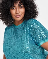 Anne Klein Plus Sequined Mesh-Trim Short-Sleeve Top