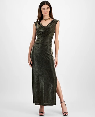 Connected Petite Cowlneck Metallic-Threaded Evening Gown