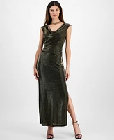 Connected Petite Cowlneck Metallic-Threaded Evening Gown