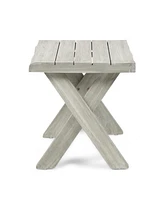 Rustic Acacia Wood Outdoor Side Table With Sandblast Finish And Cross Base
