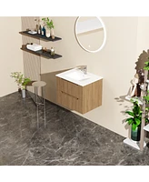 Goodyo 24" Wall-Mount Bathroom Vanity Cabinet with White Basin Sink Combo Floating, Walnut