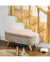 Storage Ottoman Bench, 43.3" Teddy Fleece Upholstered End of Bed Bench with Wood Legs and Padded Seat, Oval Modern Entryway Bench, Beige