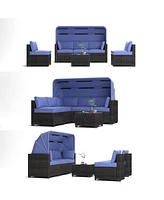 Outdoor Daybed with Canopy, Convertible Patio Sofa Set with Lifting Table, Uv-Proof Wicker Conversation Furniture with Ottoman, 1A