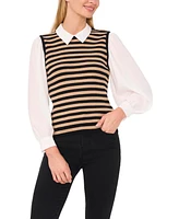 CeCe Women's Stripe Vest Twofer Long Sleeve Sweater