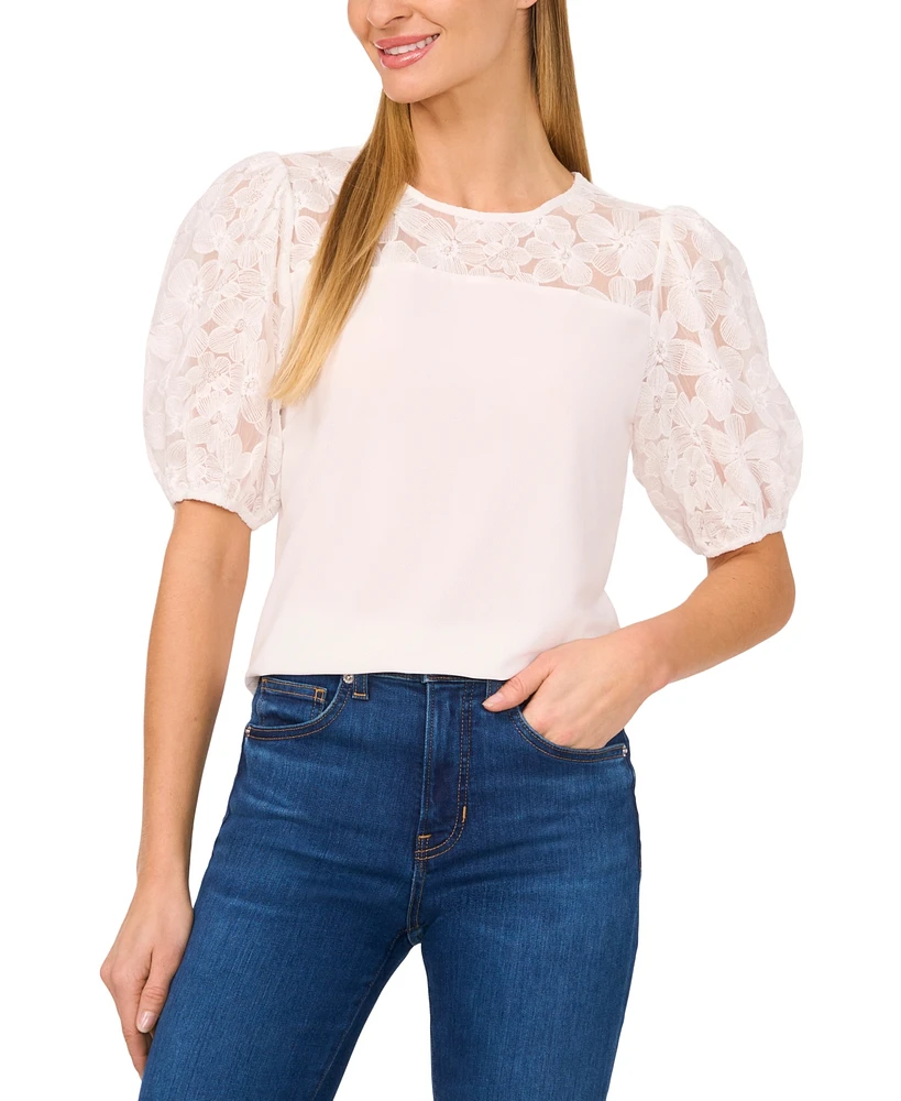 CeCe Women's Lace Puff-Sleeve Top