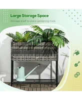 Raised Garden Bed, Elevated Planter Box with Rattan Wicker Look, Tool Storage Shelf, Portable Design for Herbs, Vegetables, Flowers, Gray