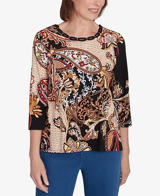 Alfred Dunner Petite Key Items Braided Neck Paisley Tee