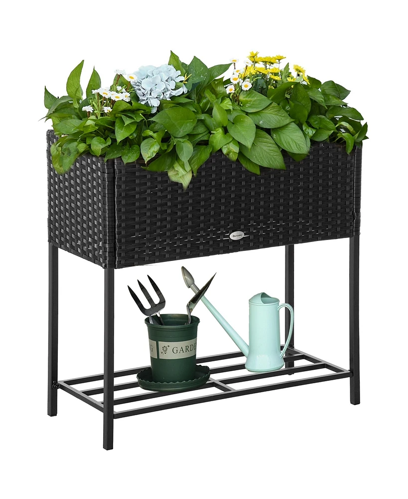 Simplie Fun Raised Garden Bed, Elevated Planter Box with Rattan Wicker Look, Tool Storage Shelf, Portable Design for Herbs, Vegetables, Flowers, Black