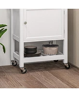 Utility Kitchen Cart, Rolling Kitchen Island with Smooth Rubberwood Top, Narrow Butcher Block Surface on Wheels with Storage Drawer & Cabinet, White