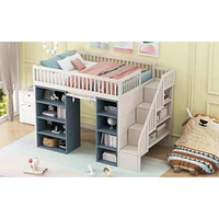 Full Size Loft Bed with 2 Four-layer Storage Cabinets and Curtain, White+Blue(Expected Arrival Time:9.28)