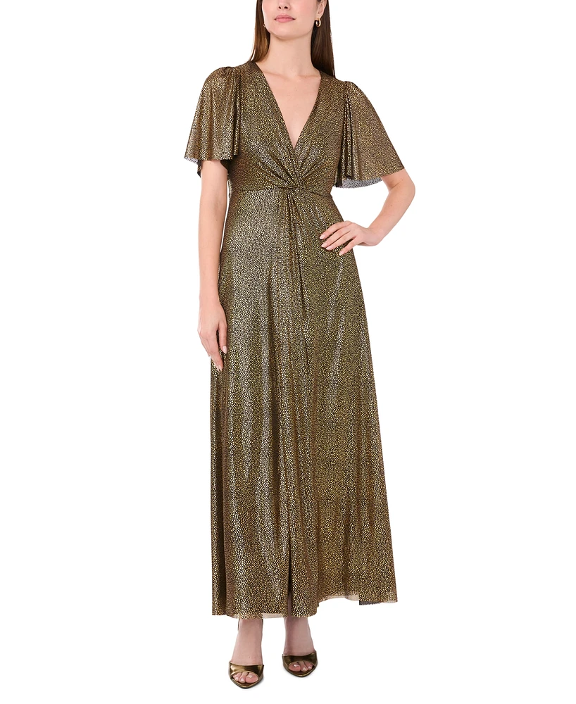 Msk Women's Metallic V-Neck Flutter-Sleeve Gown