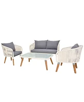 Slickblue 4 Piece Patio Furniture Set, Outdoor Acacia Wood Conversation Set, All-Weather Rope Sofa Set with Coffee Table, Loveseat