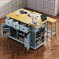 53" Kitchen Island with Storage, Power Outlet, Bar Stools