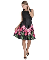 Halston Women's Floral-Print Pleated Fit & Flare Dress