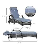 Wicker Chaise Lounge with Adjustable Backrest, Cushion, and Headrest