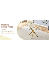 Streamdale Furniture Round clear glass dining table with a unique shape for 4-6 people, with ring-shaped gathered gold metal legs, suitable for desks,