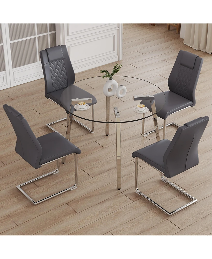 Streamdale Furniture Table and chair set.a Modern Minimalist Style Round Clear Tempered Glass Table with silver Metal Legs.And 4 dark gray chairs with