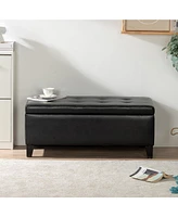 Storage Ottoman with Wooden Legs, Faux Leather Ottoman with Storage for Living Room, Bedroom & Hallway, Ottoman Foot Rest, 38.4" Black Ottoman
