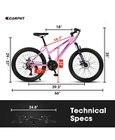 Simplie Fun 24 inch Mountain Bike for Teenagers Girls Women, Shimano 21 Speeds with Dual Disc Brakes and 100mm Front Suspension, White/Pink