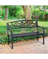 50" Outdoor Bench, Metal Garden Bench with Floral Pattern Backrest, Porch Bench with Slatted Seat for Park, Yard, Lawn, Black