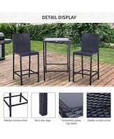 Simplie Fun 3pcs Rattan Bar Set with Glass Top Table, 2 Bar Stools for Outdoor, Patio, Garden, Poolside, Backyard