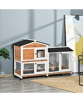 62" Rabbit Hutch, Wooden Bunny Hutch, Guinea Pig Cage, Small Animal Enclosure with Wheels, Run Area, Removable Tray, Asphalt Roof, Lockable Doors