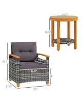 3 Pieces Patio Bistro Set Wooden with Cushions, Pe Wicker Patio Furniture Outdoor for Porch, Backyard, Garden, Gray