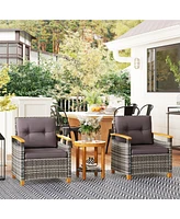 Simplie Fun 3 Pieces Patio Bistro Set Wooden with Cushions, Pe Wicker Patio Furniture Outdoor for Porch, Backyard, Garden, Gray