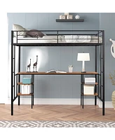 Slickblue Twin-Size Loft Bed with Built-in Table and Storage Shelves for Kids or Small Rooms