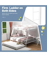 Costway Twin Over Full Metal Slats Bunk Bed Frame with Trundle, Guard Rail & Ladders