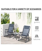 3 Piece Outdoor Rocking Bistro Set, Patio Folding Chair Table Set with Glass Coffee Table for Yard, Patio, Deck, Backyard, Grey