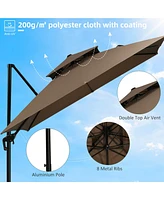 10ft Offset Patio Umbrella with Base, Double Top Hanging Aluminum Cantilever Umbrella with 360-degree Rotation, Easy Tilt, 8 Ribs, Crank, Cross Base,