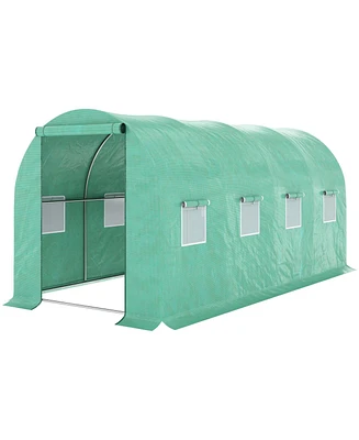 Streamdale Furniture 15' x 7' x 6.5' Walk-in Tunnel Hoop Greenhouse, Green House with Polyethylene Pe Cover, Steel Frame, Roll-Up Zipper Door & Window