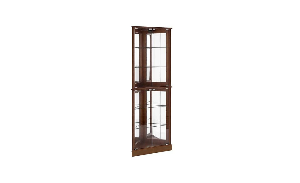 Slickblue Corner Curio Display Cabinet with Glass Shelves Mirrored Back Walnut Finish