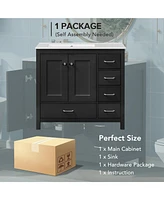 36" Black Bathroom Vanity with Ceramic Sink Combo, Abundant Storage Cabinet -2 Soft close doors and 5 drawers